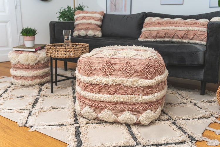 Pouf Hocker handgefertigt Rosa / Creme Quadrat 50 cm