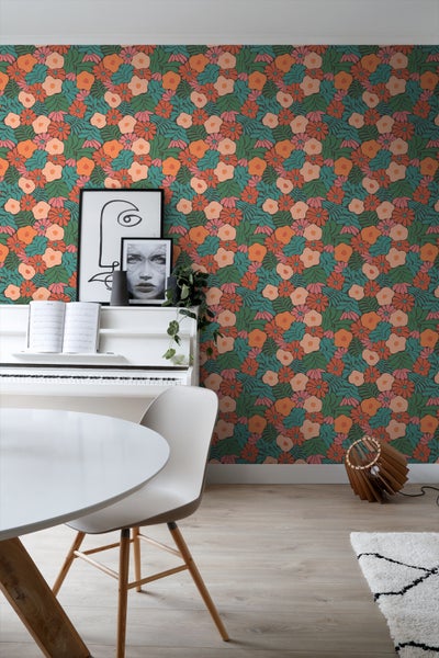 ESTAhome Tapete Blumen im Matisse-Stil Dunkelgrün, Orange und Blau - 50 x 900 cm - 131008