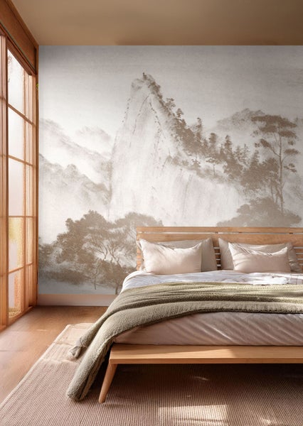 Schlafzimmer mit Wandtapete, Bett und Teppich für eine harmonische Raumgestaltung.