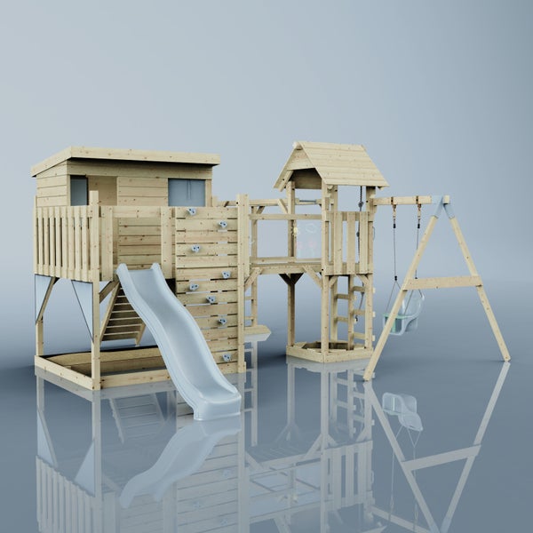 Spielplatz aus Holz mit Rutsche, Schaukel und Kletterwand