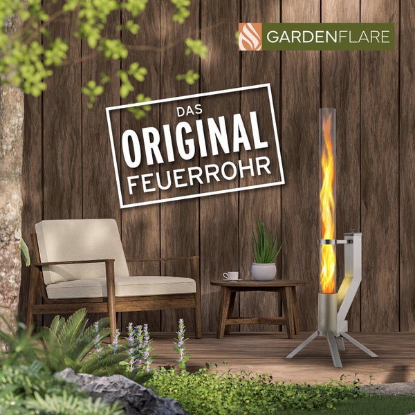 Gardenflare Edelstahl Feuersäule mit Feuerrohr und Pelletfackel für Tolles Ambiente-Feuer – Elegante Terrassenheizer und Gartenkamin die Alternative für deine Terrasse und Garten (silber)