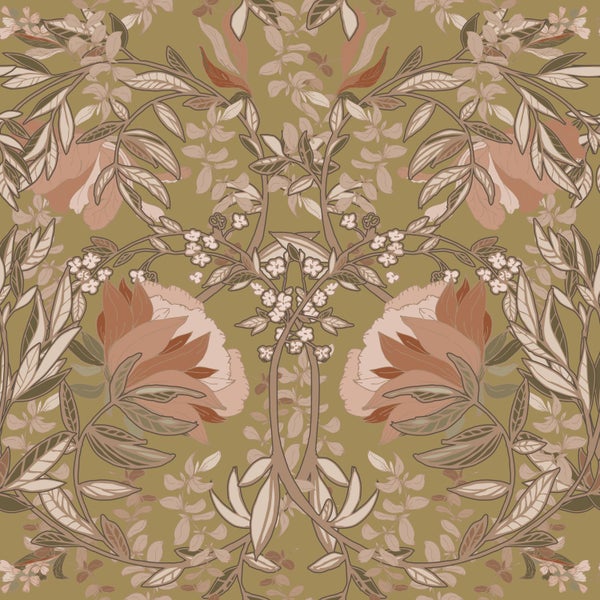 ESTAhome Tapete Blumenmuster im Jugendstil Gold und Terrakottarosa - 53 cm x 10.05 m - 139568