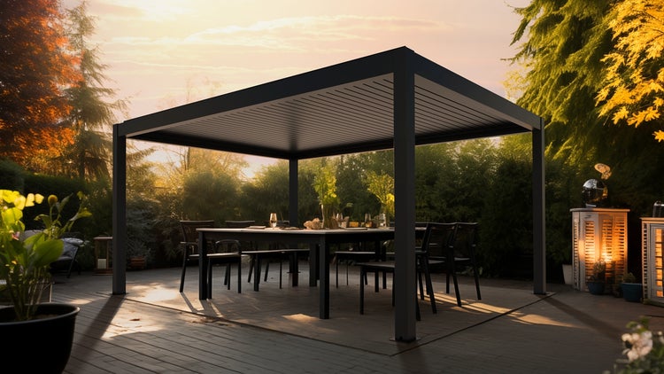 Elektrische Lamellen-Pergola 400x400 cm – Freistehend, Aluminium, motorisiert