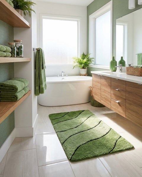 Modernes Badezimmer mit freistehender Badewanne, hölzernem Waschtisch, offenen Regalen und grünem Badeteppich mit Wellenmuster.