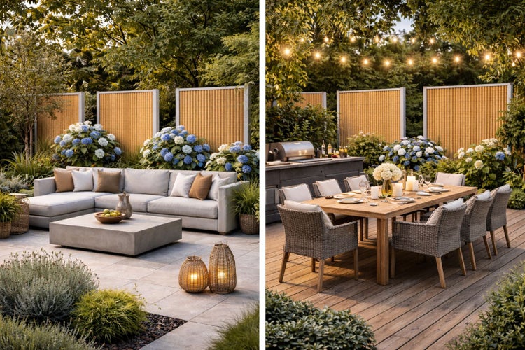 Gestalteter Gartenbereich mit Lounge-Möbeln und Essbereich