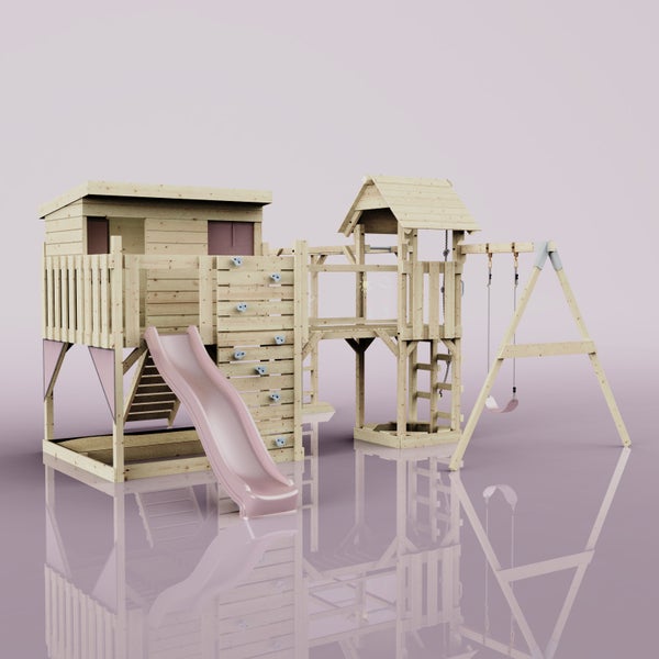 Holzspielplatz mit Rutsche, Kletterwand und Schaukel für Kinder