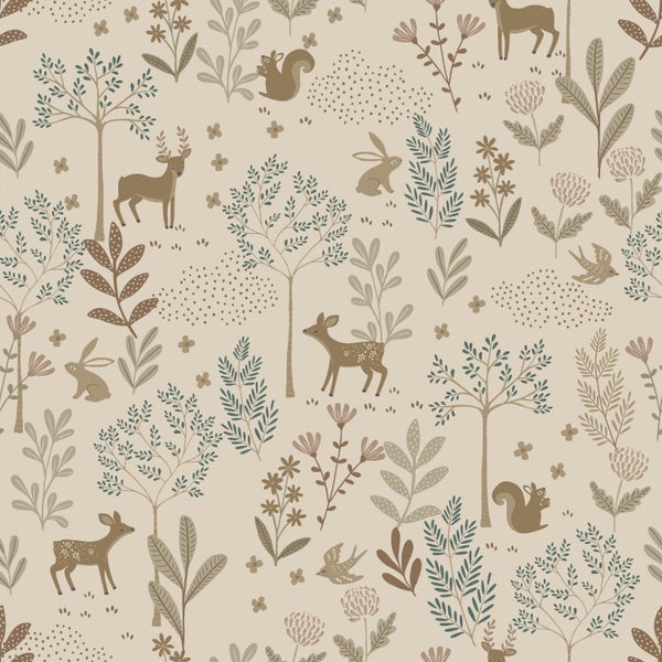 ESTAhome Tapete Wald mit Waldtieren Beige und Grün - 53 cm x 10.05 m - 131227