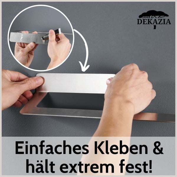 Montage eines Handtuchhalters aus Edelstahl durch Kleben. Klebstoff auf die Halterung auftragen und an die Wand drücken. Dekazia Logo.