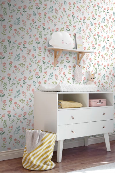 ESTAhome Tapete Blumen Rosa und Graugrün - 50 x 900 cm - 139977