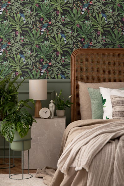 Walls4You Tapete tropische Dschungelblätter und Paradiesvögel Schwarz und Grün - 53 cm x 10.05 m - 935332