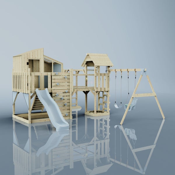 Spielplatz mit Spielhaus, Rutsche, Kletterwand und Schaukel
