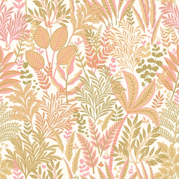 ESTAhome Tapete tropische Blätter und Blüten Grün und Rosa - 50 x 900 cm - 131665