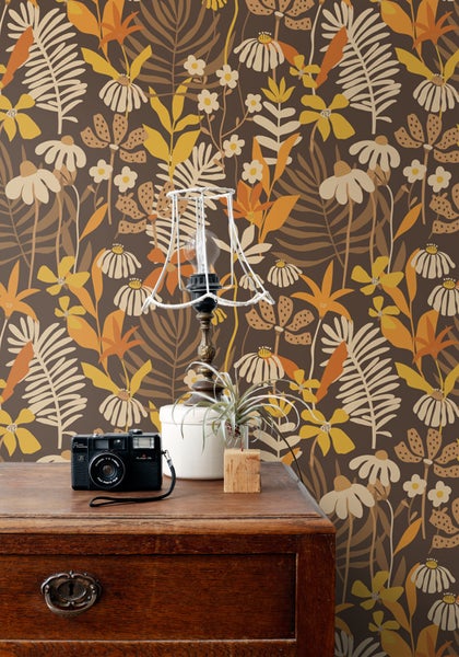 ESTAhome Tapete tropische Blätter und Blüten Braun und Mehrfarbig - 50 x 900 cm - 130997