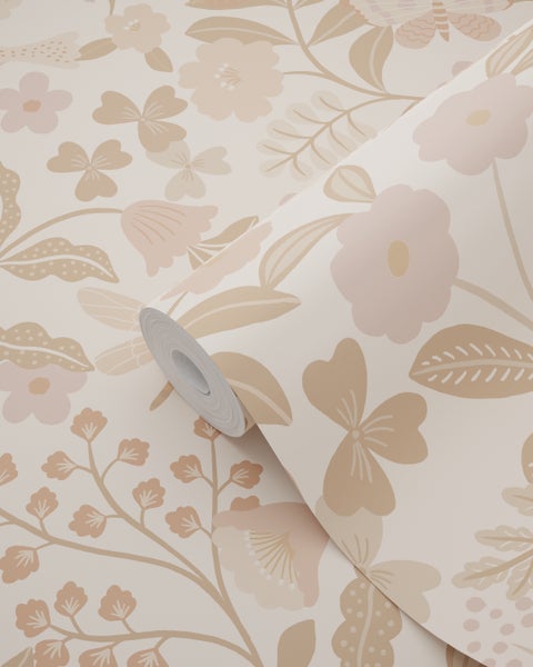 ESTAhome Tapete Blumen und Vögel Beige und Hellrosa - 53 cm x 10.05 m - 139868