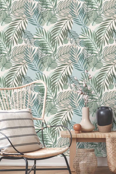 ESTAhome Tapete Blätter Grün und Blau - 50 x 900 cm - 139820