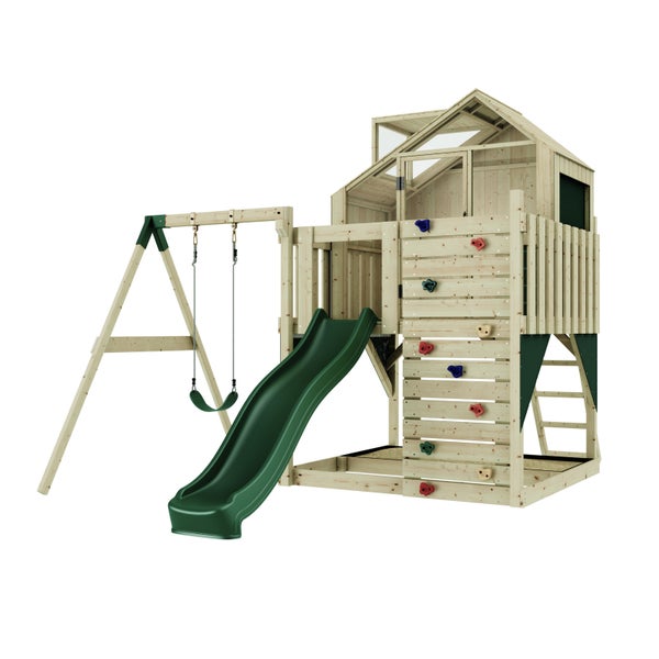 Spielturm aus Holz mit Rutsche, Schaukel und Kletterwand