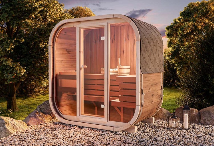 FinnTherm Sauna-Komplettset Fasssauna Ellipso M Fasssauna 1 Sitzbänke aus Holz Sauna mit 42 mm Wandstärke, Außensauna mit Montagematerial