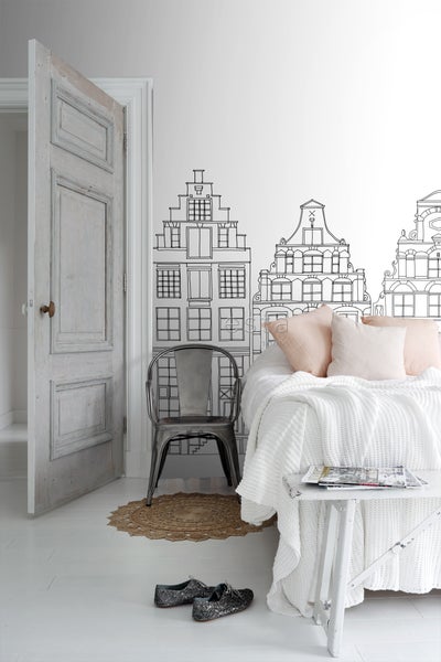 ESTAhome Fototapete gezeichnete Amsterdamer Grachtenhäuser Schwarz und Weiß - 450 x 279 cm - 159104