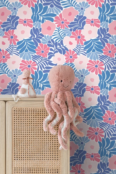 ESTAhome Tapete Blumen im Matisse-Stil Blau und Rosa - 50 x 900 cm - 131006