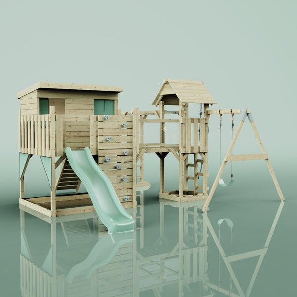 Spielturm aus Holz mit Rutsche, Schaukel und Kletterwand für den Garten