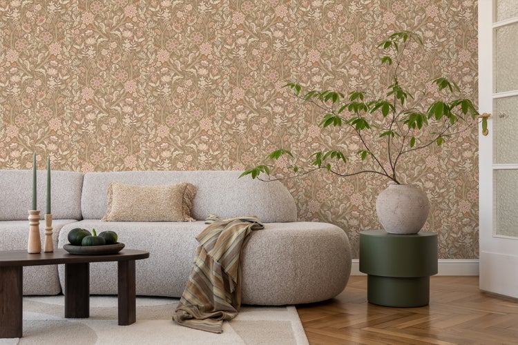 ESTAhome Tapete Blumenmuster Braun und Rosa - 50 x 900 cm - 131329
