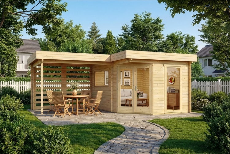 Gartenhaus mit Terrasse und Sitzgelegenheiten