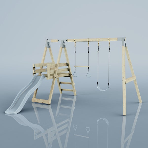 Kinderspielgerät aus Holz mit Rutsche, Schaukel, Trapez mit Ringen, Podest und Leiter.