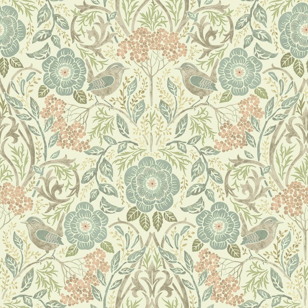 ESTAhome Tapete Blumen und Vögel im Jugendstil Graublau, Braun und Altrosa - 53 cm x 10.05 m - 139323