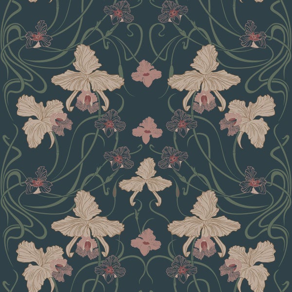 ESTAhome Tapete Blumenmuster im Jugendstil Dunkelblau, Beige und Graugrün - 50 x 900 cm - 139669