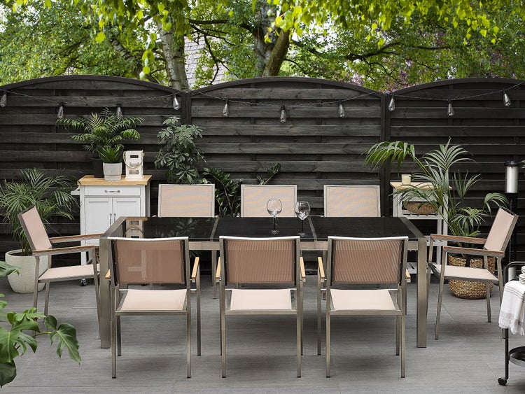 Gartenmöbel Set 8-Sitzer GROSSETO Dreifachplatte Granit Polierter Schwarz / Beige