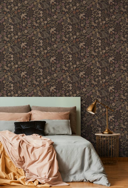 ESTAhome Tapete Blumen und Vögel Dunkelbraun, Olivgrün und Violett - 50 x 900 cm - 139872