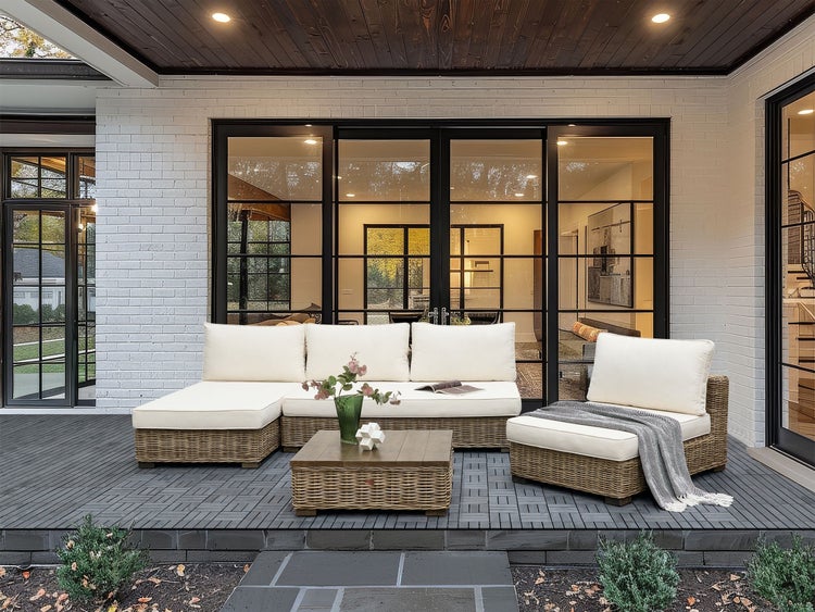 Terrasse mit Lounge-Garnitur, Couchtisch und großem Fenster