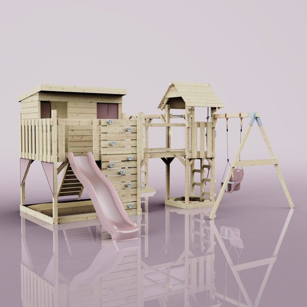 Spielplatz mit Schaukel, Rutsche und Kletterwand aus Holz