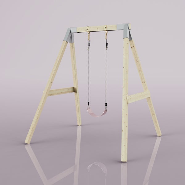 Einzelschaukel aus hellem Holz mit einem flexiblen Schaukelsitz und grauen Metallverbindungen für den Garten.