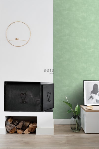 Wohnraum mit Kamin, Holzlager und dekorativer Wandgestaltung