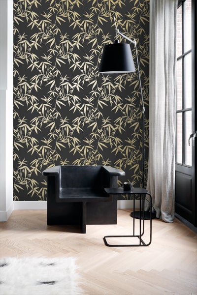 Origin Wallcoverings Tapete Bambusblätter Schwarz und Gold - 53 cm x 10.05 m - 347740