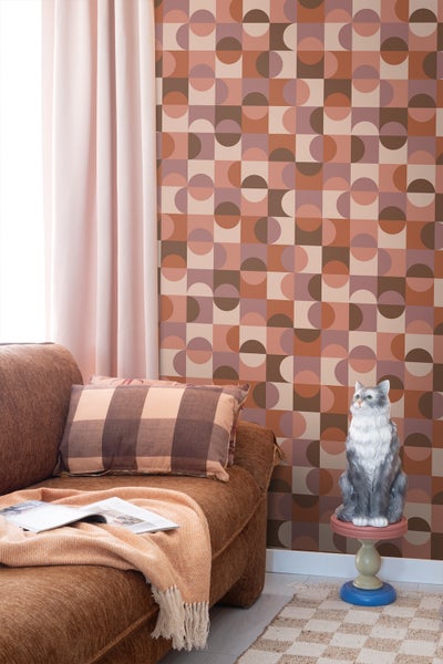ESTAhome Tapete Kreise im Bauhaus-Stil Terrakotta, Lila und Braun - 50 x 900 cm - 131244