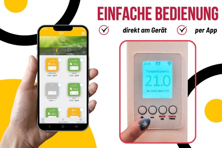 Smart Home Thermostat Steuerung per Smartphone App und direkt am digitalen Thermostat Gerät mit Anzeige.