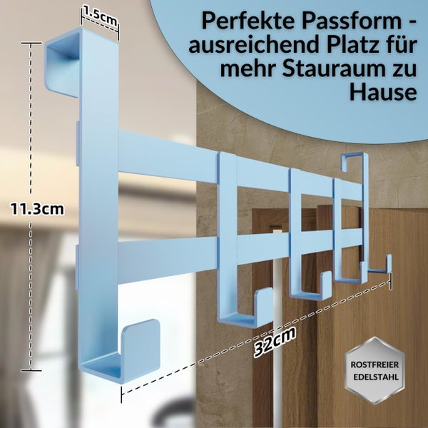 Türgarderobe aus rostfreiem Edelstahl mit vier Haken, Breite 32 Zentimeter, Höhe 11,3 Zentimeter, für Türfalzstärken bis 1,5 Zentimeter.
