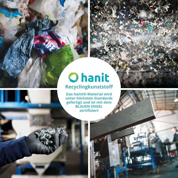 Hanit Recyclingkunststoff in vier Bildern: Kunststoffabfälle, zerkleinertes Material, Hanit Logo und Blauer Engel Zertifizierung bei der Produktion.