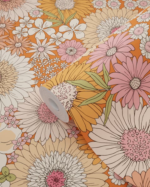 ESTAhome Tapete Retro Blumen Orange und Rosa - 50 x 900 cm - 131315