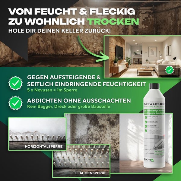 Novusan Kellerabdichtung gegen Feuchtigkeit. Vergleich von feuchter Wand zu trockenem Wohnraum durch Horizontal- und Flächensperre ohne Ausgraben.