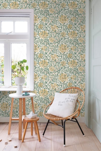 ESTAhome Tapete Blumen Türkis und Ockergelb - 50 x 900 cm - 131031