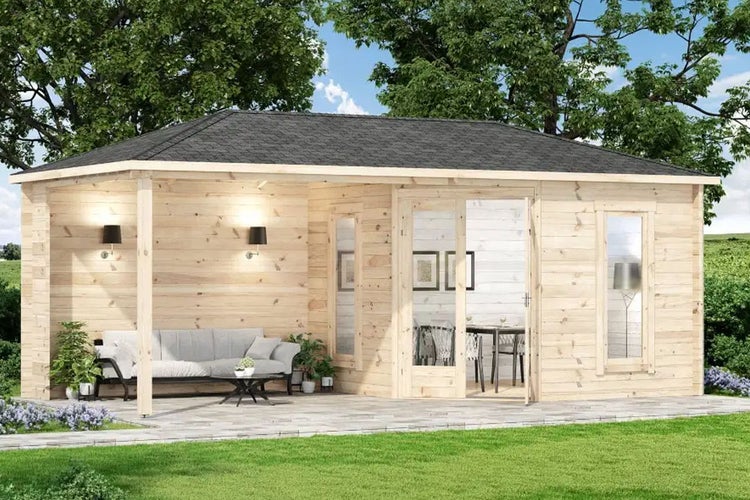 Alpholz 5-Eck Gartenhaus Liwa Gartenhaus aus Holz, Holzhaus mit 28 mm Wandstärke inklusive Terrasse, Blockbohlenhaus mit Montagematerial