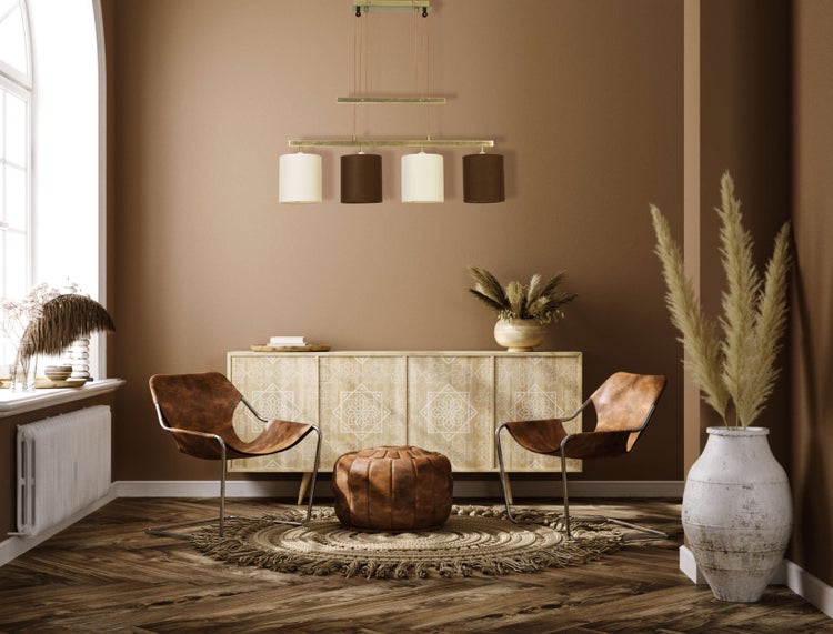 4er Pendelleuchte TILDE, klassische Pendellampe aus Metall und Textil  in Braun und Beige, mit E27-Fassungen, Pendelleuchte höhenverstellbar und  86 cm lang,  ideal als Esszimmerleuchte