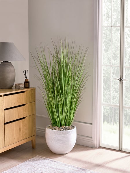 Dekorative Wohnszene mit Kommode, Tischlampe, Ziergras im Topf und Fenster