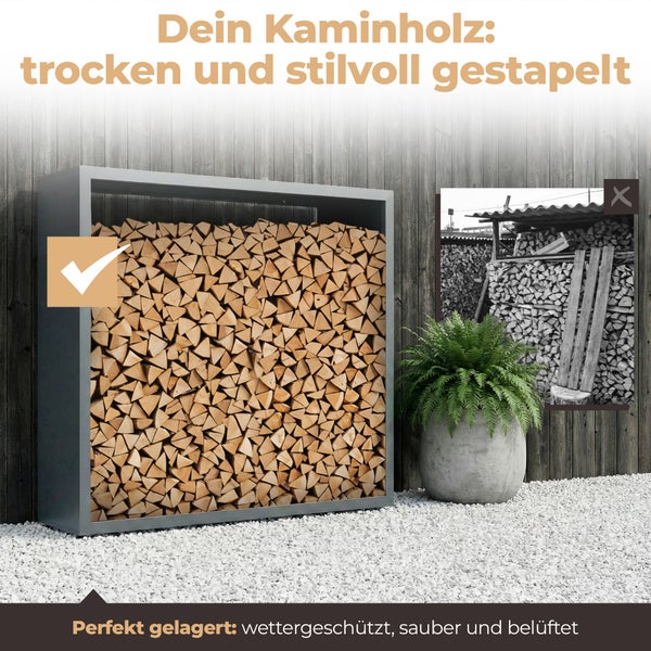 Kaminholzregal mit gestapeltem Brennholz, wettergeschützt und belüftet