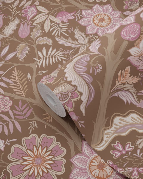 ESTAhome Tapete Blumenmuster mauve-violett und Graugrün - 50 x 900 cm - 131337