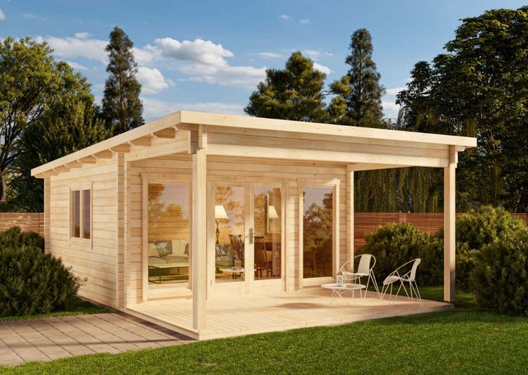 Alpholz Garten-und Freizeithaus Carroz-Modern Petite ISO Blockhaus aus Holz Holzhaus mit 70 mm Wandstärke inklusive Terrasse, Blockbohlenhaus imprägniert 4,7x7,2m