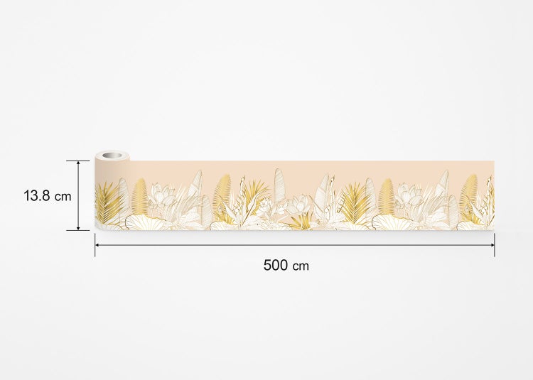 Selbstklebende Tapetenbordüre in Gold und Weiß mit tropischem Blättermuster, Maße 13,8 Zentimeter mal 500 Zentimeter.
